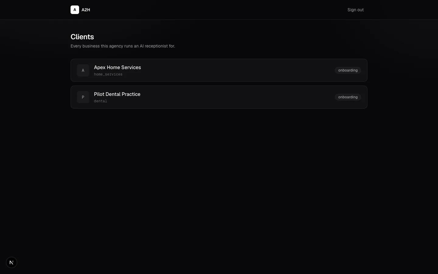 A2H CRM client dashboard showing every business this agency runs an AI receptionist for