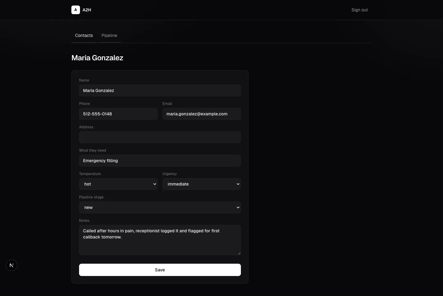 A2H CRM contact detail page showing a lead's full info and call notes