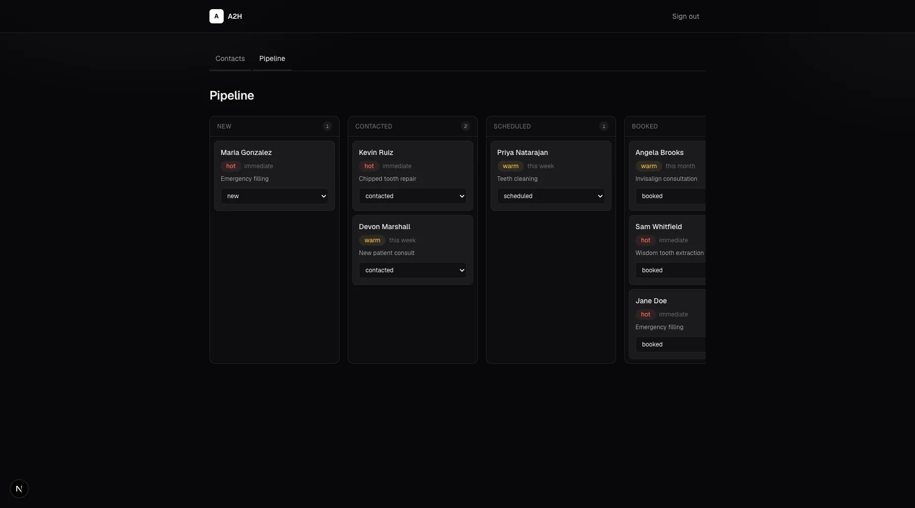 A2H CRM pipeline board showing leads moving through new, contacted, scheduled and booked stages