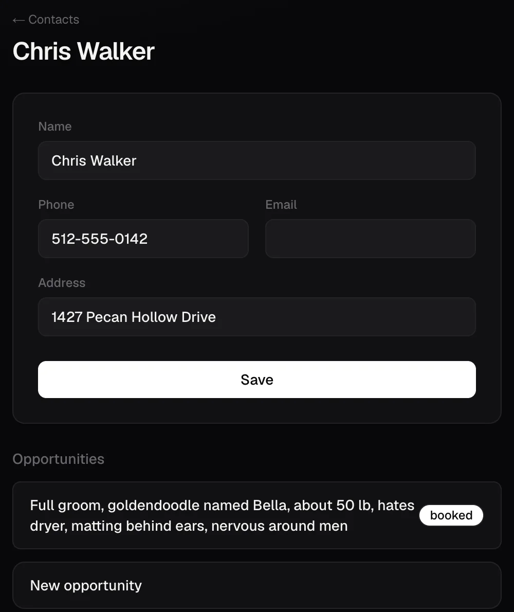 The CRM record created by the call: contact Chris Walker with address, and a booked full groom for a goldendoodle named Bella with the groomer's notes